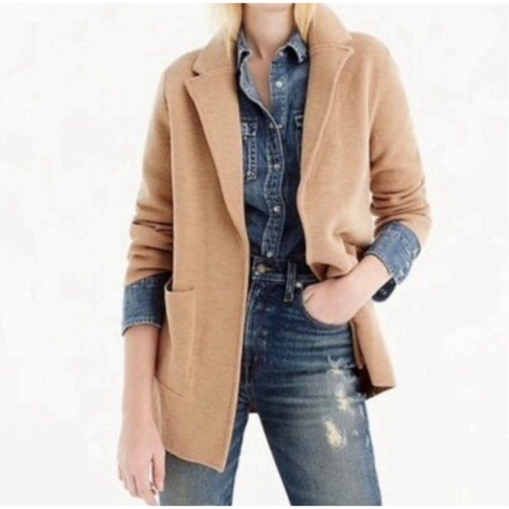 J.Crew Blazer Womens Small Sophie Open-Front Sweater Knit Camel Tan Merino Wool